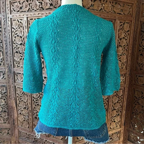 Vintage Teal Cotton Crochet Knit Tie-Neck Quarter Sleeve Sweater Boho Beach - Picture 9 of 13